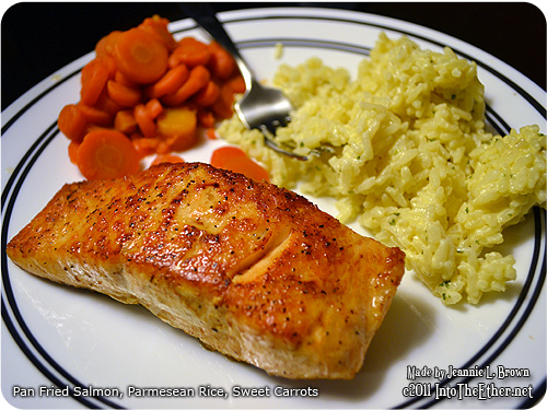 Pan Seared Salmon, Parmesean Rice, Sweet Carrots